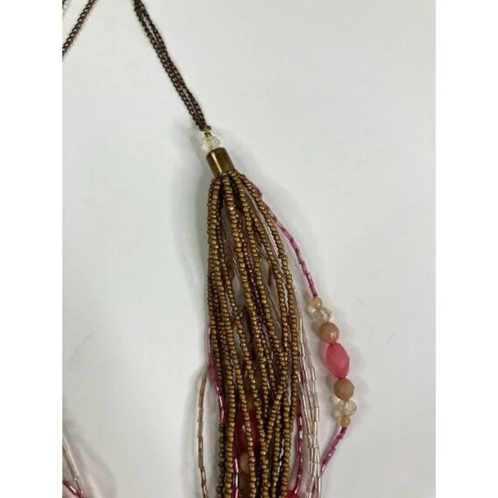 Beaded Necklace Multi Strand Twisted Seed Bead‎ Pink Clear Gold Tone Statement
